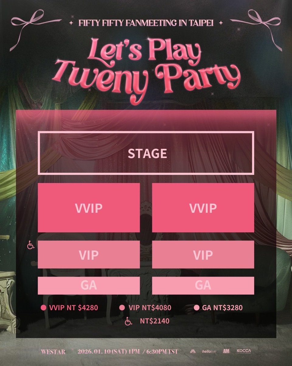 am_studio00's tweet image. #FIFTYFIFTY

【2026 FIFTY FIFTY 1st Fanmeeting in Taipei | Let‘s Play Tweny Party】

✨2026/01/10 (토) 13:00 / 18:30(TST)
✨WESTAR

📅예매 오픈｜2025/12/14 (일) 12:00(TST)
🎟예매 티켓｜Tickets Plus
💫공연 종료 후 특전회(해당 회차 관람자만 참여 가능)