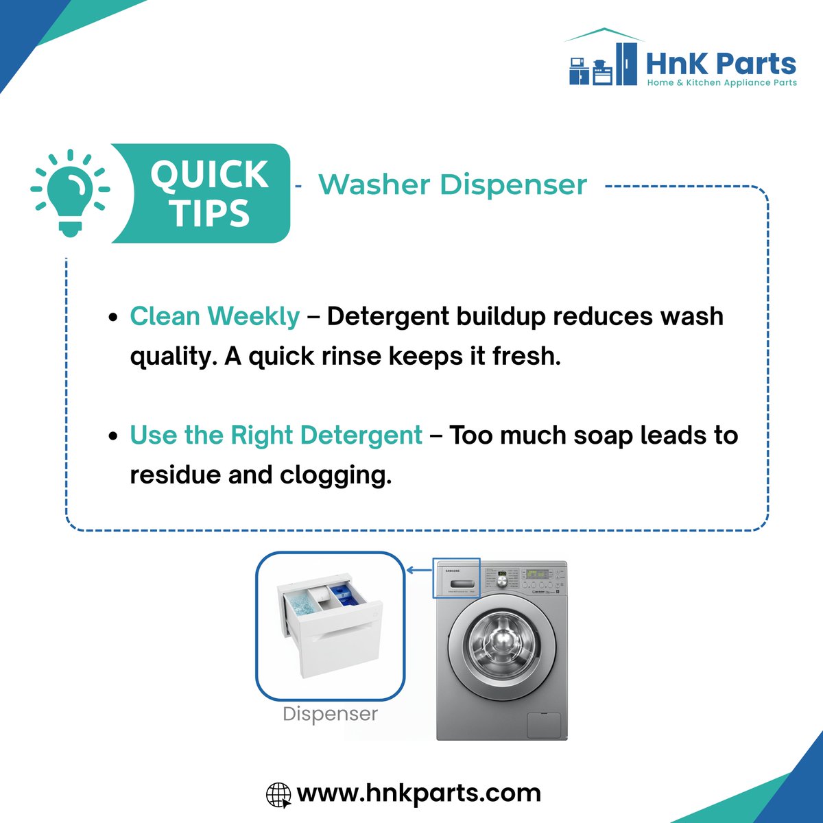 HnKParts's tweet photo. Keep your washer performing at its best with these quick Dispenser Care Tips!
Avoid buildup, prevent clogs, &amp; keep every wash fresh

Need a replacement? Find genuine parts at HnK Parts

Shop now: https://t.co/RlTd4M7yE1

#WashingMachineTips #washerdispenser #HnKParts #washerparts https://t.co/ZNbGSuaJwi