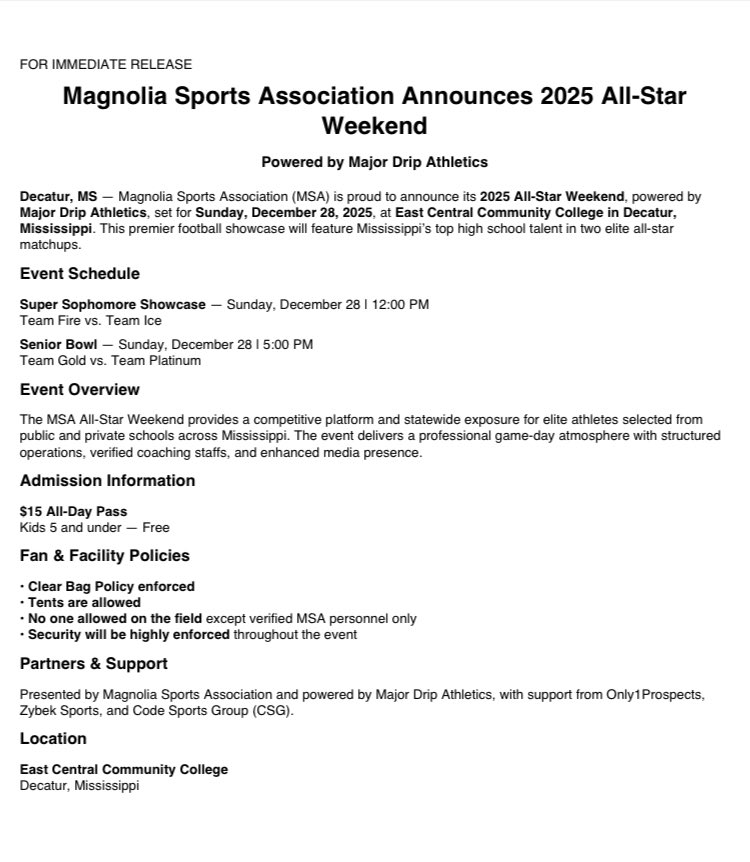 MagnoliaAllstar's tweet image. 🚨 ROSTERS ARE LIVE 🚨

The 2025 MSA Senior Bowl rosters have been UNVEILED.

📍 East Central CC
📅 Dec 28, 2025
⏰ 5:00 PM
🏈 Gold Squad vs Platinum Squad

Powered by Major Drip Athletics
#MSASeniorBowl #Only1Prospects #MajorDripAthletics