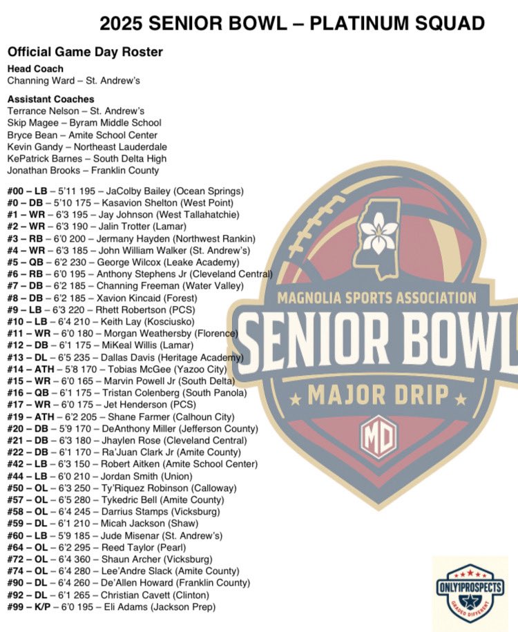 MagnoliaAllstar's tweet image. 🚨 ROSTERS ARE LIVE 🚨

The 2025 MSA Senior Bowl rosters have been UNVEILED.

📍 East Central CC
📅 Dec 28, 2025
⏰ 5:00 PM
🏈 Gold Squad vs Platinum Squad

Powered by Major Drip Athletics
#MSASeniorBowl #Only1Prospects #MajorDripAthletics