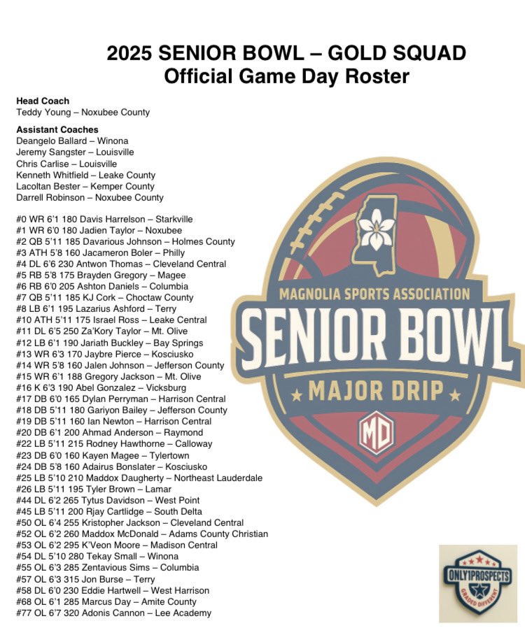 MagnoliaAllstar's tweet image. 🚨 ROSTERS ARE LIVE 🚨

The 2025 MSA Senior Bowl rosters have been UNVEILED.

📍 East Central CC
📅 Dec 28, 2025
⏰ 5:00 PM
🏈 Gold Squad vs Platinum Squad

Powered by Major Drip Athletics
#MSASeniorBowl #Only1Prospects #MajorDripAthletics