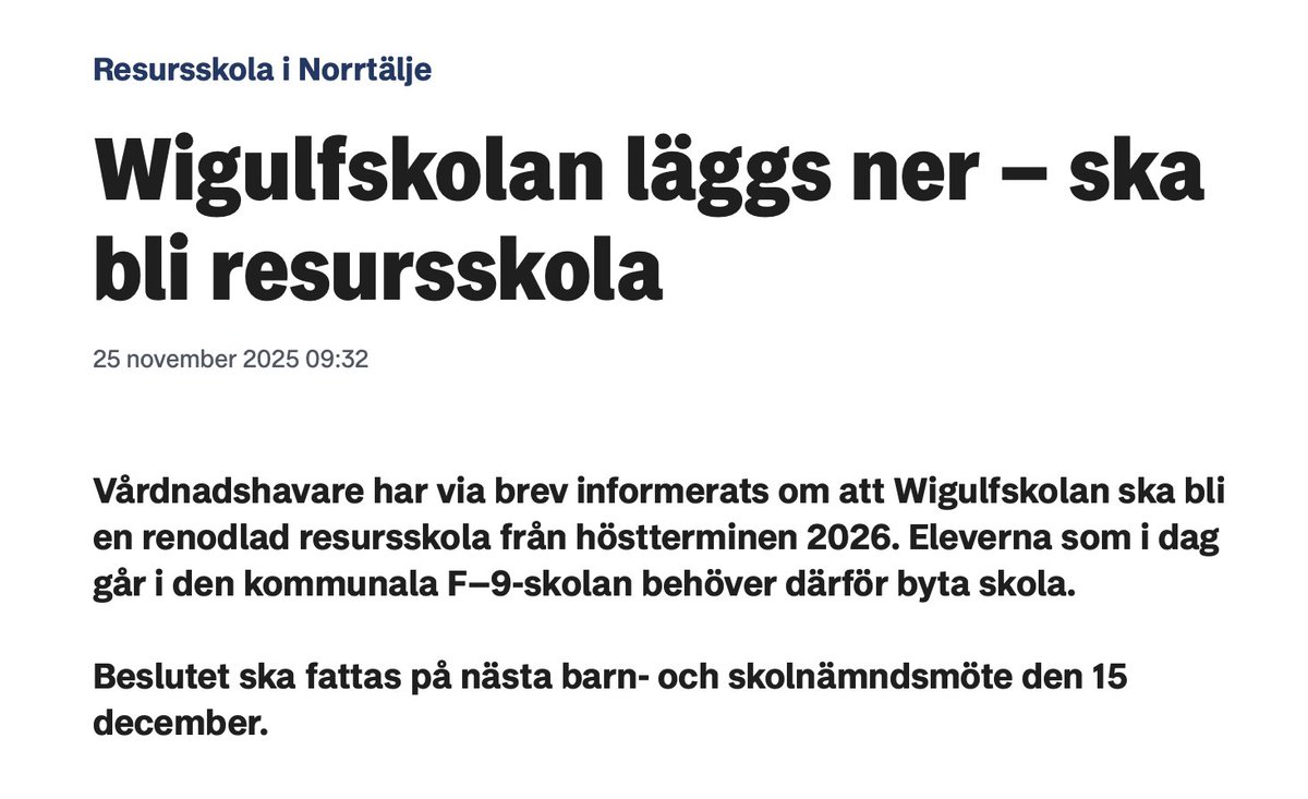 Skolinkvisition's tweet image. Och där fick jag än gång  rätt. En kommunal skola i Norrtälje ska läggas ner pga att elever inte räcker till, efter att Internationella Engelska Skolan etablerat sig. DET FINNS INGA KOMPLEMENT PÅ EN MARKNAD! Politiker och skolägare som hävdar det ljuger.
norrteljetidning.se/2025-11-25/wig…