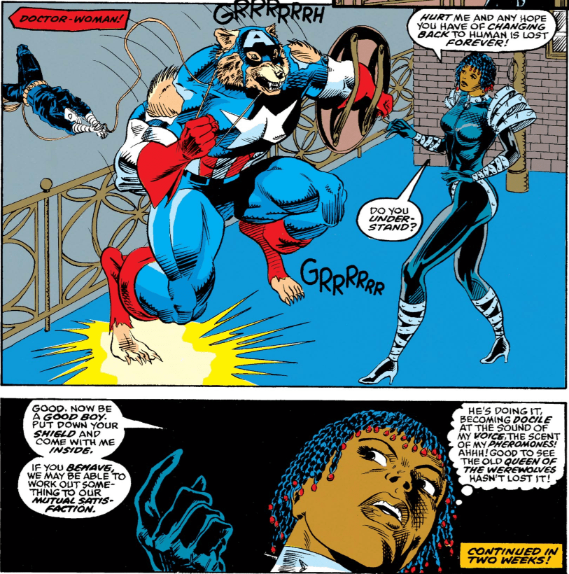 RandyS0725's tweet photo. I've decided that, any time I ever see #CapWolf on the TL again, I'm gonna post SOMETHING to remind folks that the Black mad scientist supervillain Deadly Nightshade / Tilda Johnson was responsible for that iconic werewolf era for Captain America. #CaptainAmerica #Marvel https://t.co/4W0TLZARCz