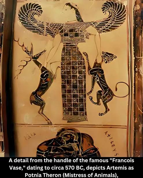 StijnvdHoven's tweet photo. I found #Artemis, #Potniatheron and am likely the first to put her on her spot in the #stars.
She is the #easternfish of #pisces, related to #Anunitum. #Archeology of cultural iconography in #history is closely related to, and explained by, #astronomy.
It's not just myths it's #allstar #realarcheology note the #swastikas for the rotating skies and the horizon lions.
#Panthera and #Leo indicating the iconography is #zodiac related, like it is with #medusa at the pediment temple of #Corfu, who is #thekneeler #constellation The virgin became Medusa after being raped by #Poseidon (#Aquarius) 12-12-2025