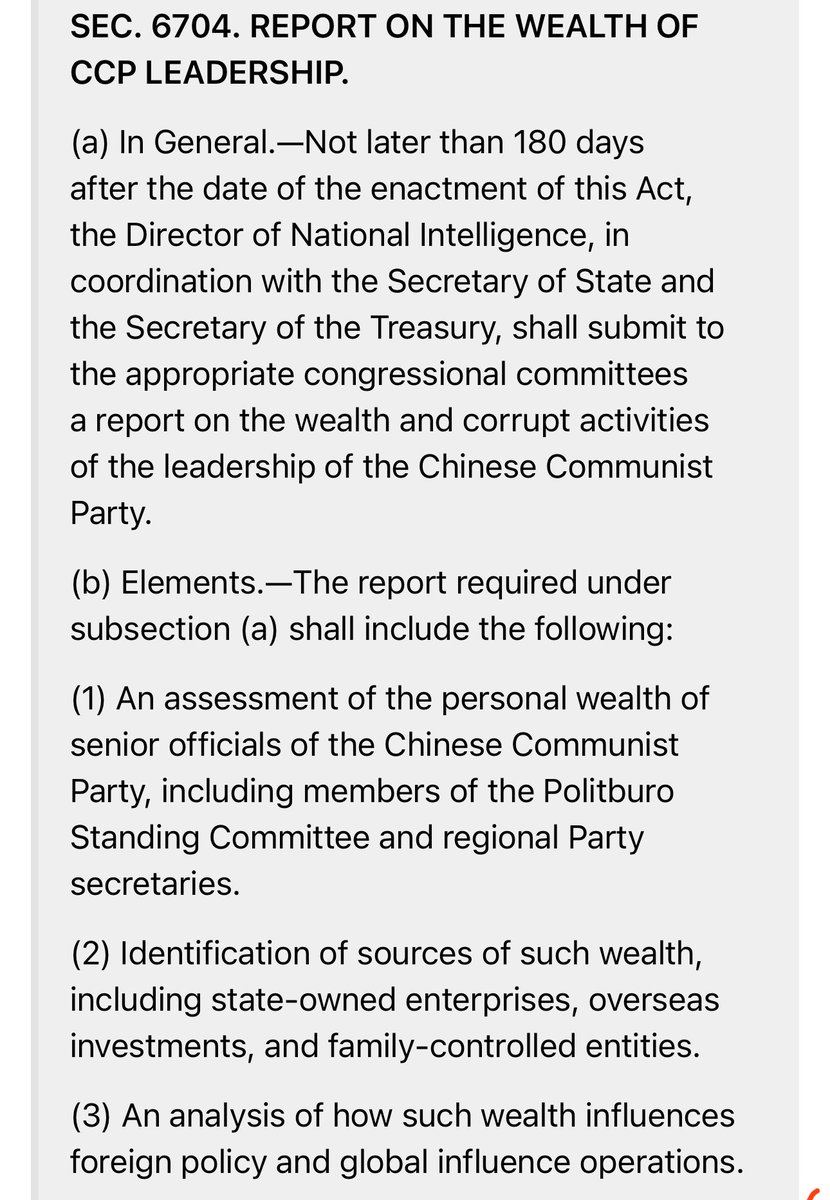 tangbaiqiao's tweet photo. 很多人可能没有注意到，美国政府已经祭出了对中共的杀手锏。这是迄今为止中共所面临的最大噩梦！

昨天美国众议院通过了2026年“国防授权法案”（NDAA)。预计下周就会在参议院顺利通过，并送交给川普总统签署。该法案第6704条“关于中共领导层财富的报告”（Report on the wealth of CCP leadership）部分规定，美国情报总监（DNI）办公室必须在180天内向国会提交一份公开报告，详细评估中共领导层的个人财富来源、规模和相关腐败活动。范围涵盖政治局常委、政治局委员和各地区党委书记（regional Party secretaries，应是指各省市自治区党委书记）。具体内容包括：

（1）这些领导干部的个人财富的评估；

（2）确定他们的财富来源，包括国有企业、海外投资和家族控制的实体；

（3）分析这些财富如何影响中共外交政策和扩大全球影响力。

其中最劲爆也令中共最招架不住的一点是，这些信息无需保密（unclassified），以配合反腐败制裁。换句话说，未来全中国的人都会知道中共主要领导人的海内外财富！想一想都够兴奋。

还有人说美国对付不了中共吗？这一招就够了。中共只能被动挨打无法反制，因为美国主要领导人的财产都是透明的😂。

这一次，全体中国人都应该对川普说一声谢谢🙏！我们做不到的事情，川普政府帮我们做了！