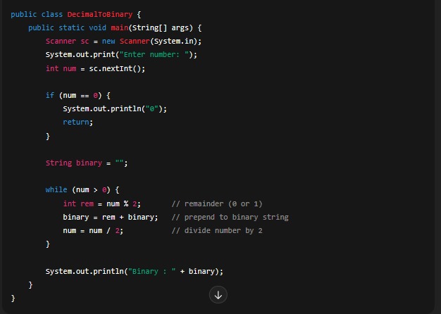 NayanBawane2's tweet image. @SumitM_X ये coding question पूछ था मुझे आज coding round मे 3 year experiance के लीये. 
//Write a program which can take input as integer and give output as Binary format.
//
//        E.g.
//        Input : 8
//Output : 1000
//note : without using any predefined method