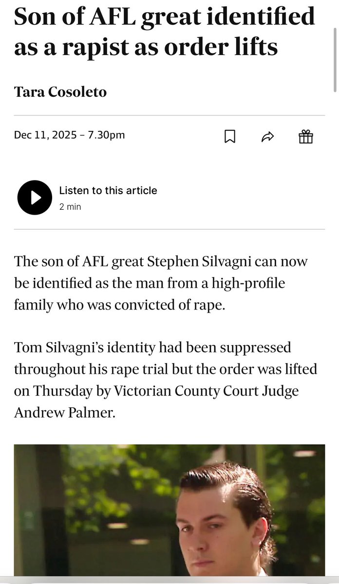 ShiannonC's tweet photo. The Tom Silvagni case was more than the rape of an innocent victim…

.. it was about how the rights of the wealthy and powerful can override the rights of the small, the weak, the vulnerable and the truth.

This man child has been found guilty and his dirty and deplorable actions have been made public- despite his family’s opposition to making their name public and despite their every effort to shield their son - and themselves - from the financial and personal connotations of being outed in the community.

Tom Silvagni was raised as a child of the elite. He was a student at the Xavier College in Kew. He has been described as a bully and somebody who looked down on others who he did not deem worthy of his company. It is likely that he thought he was untouchable no matter what he did. His family well and truly reinforced that belief by attempting to shield him from the consequences of his actions.

It should not be a case of the more money you have and the more power you wield that you have the freedom to engage in any duplicitous activity you choose and an automatic immunity from prosecution or consequence - but it is proven time and again that this is often the case.

The lessons that are learned by the wealthy are too few. It’s also pathetic that this family are still fighting for his “innocence” instead of reinforcing the consequences of his actions.