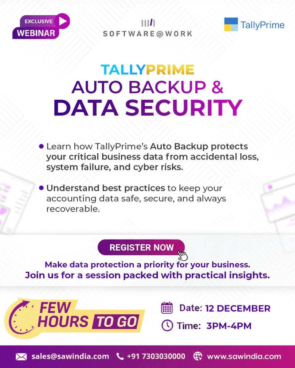 SoftwareAtWork's tweet photo. ⏰ Just a few hours left! ⏰
Don’t miss today’s session on TallyPrime Auto Backup &amp; Data Security.

Grab your spot!
https://t.co/kAee1sy1wM

#TallyPrime #DataSecurityg #AutoBackup #BusinessSafety #SecureYourData #TallyWebinar https://t.co/GIvfSeA81S
