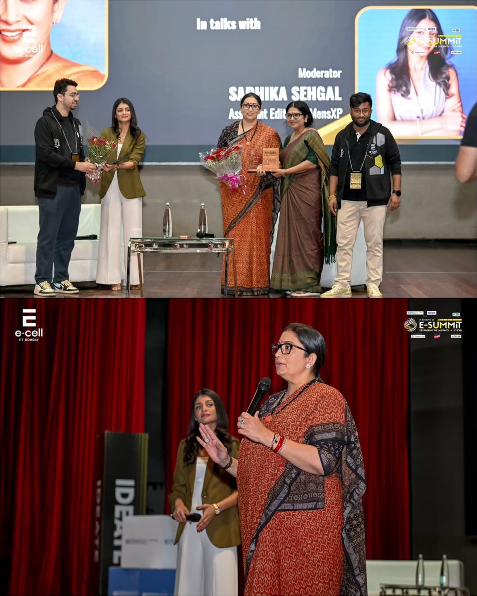 SmritiIraniOffc's tweet photo. At the 21st E-Summit hosted by @IITBombay’s E-Cell, Smt. @SmritiIrani offered a compelling blueprint for India’s next generation of founders.

Speaking with depth and precision, she highlighted the need for resilience, purpose-driven entrepreneurship, and a mindset that relentlessly pursues innovation with courage and clarity.