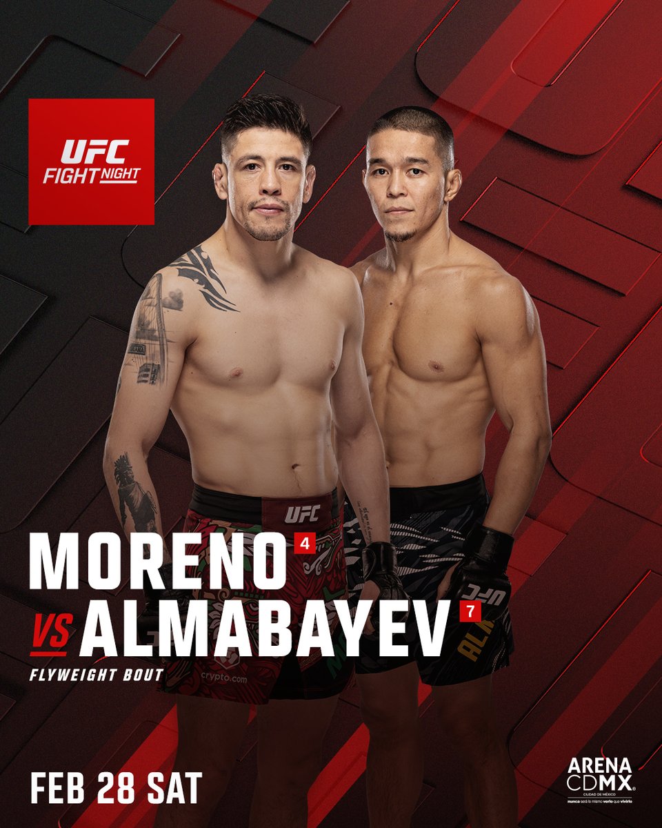 The #UFCMexico main event is set! 👀

Brandon Moreno 🇲🇽 vs Asu Almabayev 🇰🇿

[ LIVE FEBRUARY 28 on @ParamountPlus ]