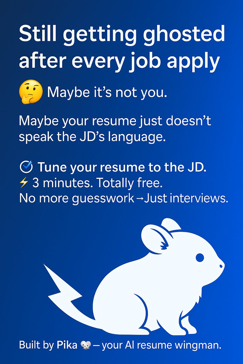 UIXLabs_co's tweet photo. Still getting ghosted after every job apply?
It might not be you.
Your resume just isn’t speaking the JD’s language.

🎯 Upload the JD → get a tailored resume
⚡ 3 mins. Free.
🚀 No more guesswork → Just interviews.

🔗 https://t.co/Zdv3LpefWq

#JobSearch #ResumeTips #AItools #CareerTok #PikaResume