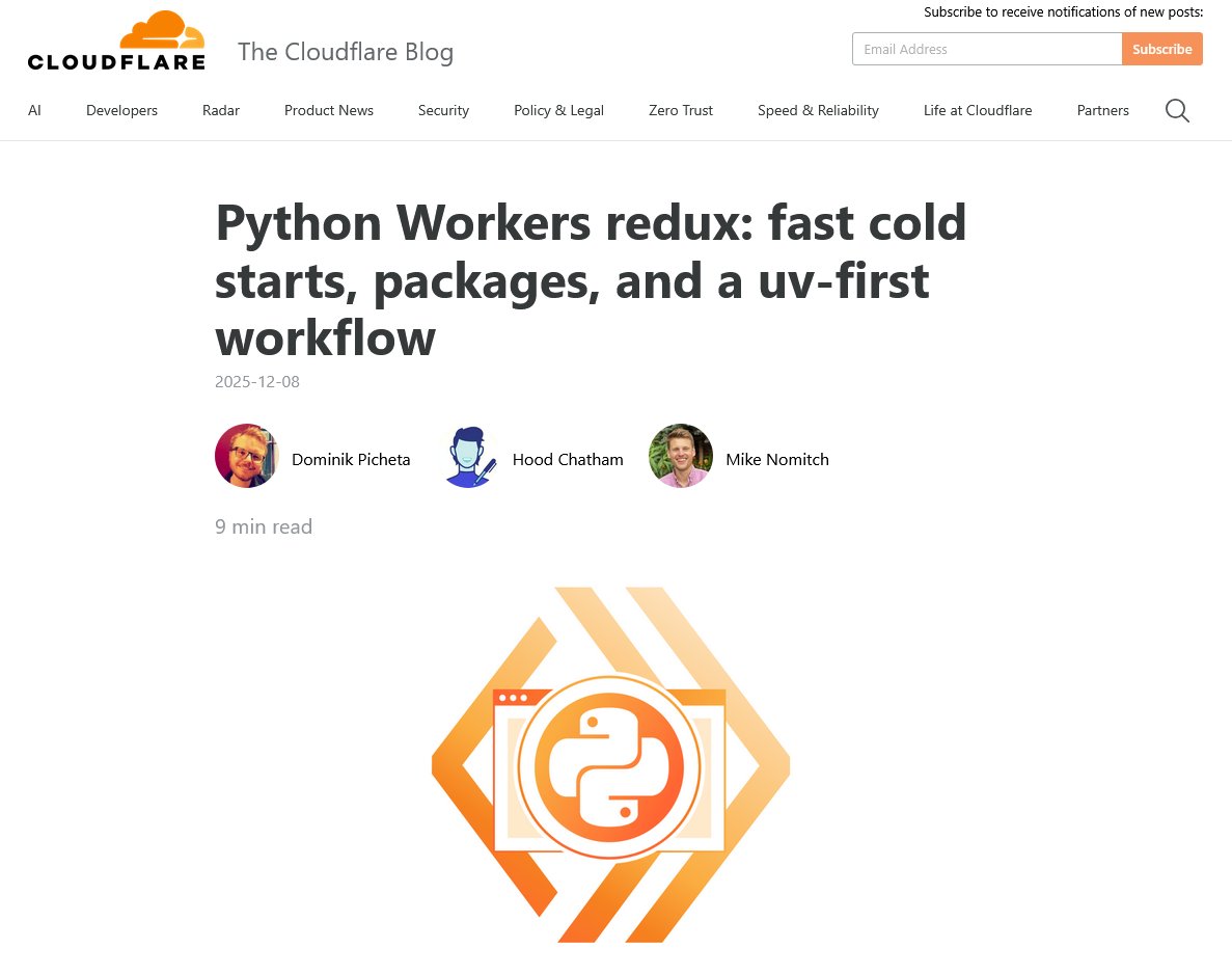 mayuresh_empire's tweet image. Do you know Cloudflare Workers supports Python apps?
I read about it a few months back, and now they have come a long way

We know Cloudflare workers use V8 as a JavaScript engine. Now, to support Python workers, it uses Pyodide, a WebAssembly-based Python runtime. It allows you…
