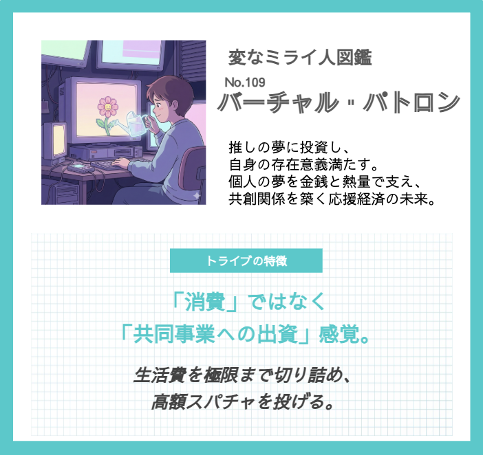 未完成の推しを“育てる”ことに全力を注ぐ生き方が、
次の熱狂経済をつくるのかもしれない。
#変なミライ人図鑑 #SEEDER #バーチャルパトロン