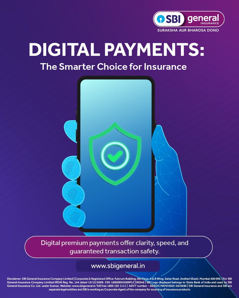 sbigeneral's tweet image. IRDAI encourages digital premium payments. SBIG brings it to you.

Skip cheque delays, dishonours, and all the paperwork drama.
Go digital for a safer, faster, and fully compliant way to pay your insurance premium.

#DigitalPayments #InsuranceMadeEasy #SecurePayments