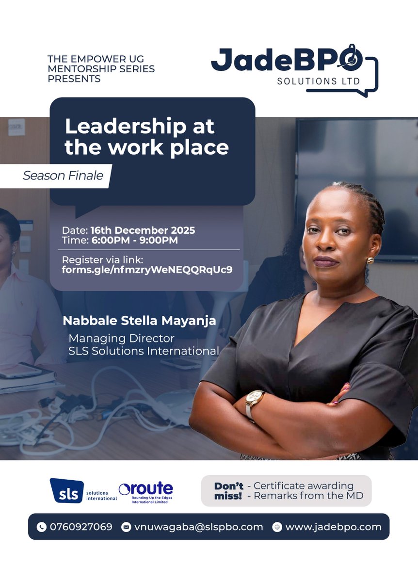 Ready to level up your leadership skills at your work place ? 
Join us this Tuesday 16th December, 2025 
as we provide with the necessary hacks ..
Don't miss the closing remarks from our Managing Director Stella Nabbale Mayanja.
Register via this link : forms.gle/ZdGyLgL1pT1RFv…