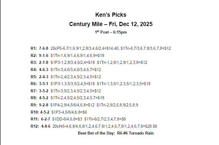 Back in the booth at #CenturyMile on Fri, Dec 12th.  We may as well make some money.  Here's my picks for this 12-race card.  1st post 6:15pm.

#yeg #harnessracing #kenspicks