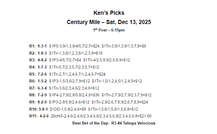 Join me in the booth at #CenturyMile on Sat, Dec 13th.  11-race card, 1st post at 615pm.  Here's my picks:

#yeg #harnessracing #HorseRacing