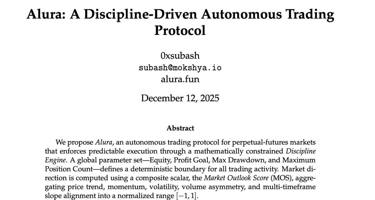 alura_fun's tweet image. Introducing the Alura Whitepaper, a rule-based, "Discipline Trading Engine" designed for perpetual futures traders - alura.fun/whitepaper.pdf

If ADL exists to protect centralized and decentralized perp exchanges, Alura exists to protect the traders themselves.