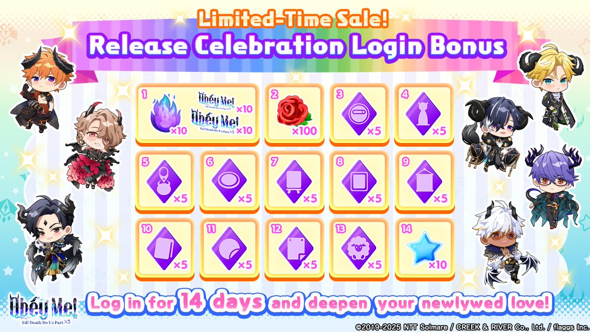 ObeyMeIDO's tweet image. 🐦: To celebrate the release of Obey Me! Till Death Do Us Part, we're offering a special limited-time login bonus! 🎉

Give me a sec, I need to check out these rewards for myself... ✨
Don't forget to log in every day and make the most of your honeymoon phase😉

#ObeymeIDO