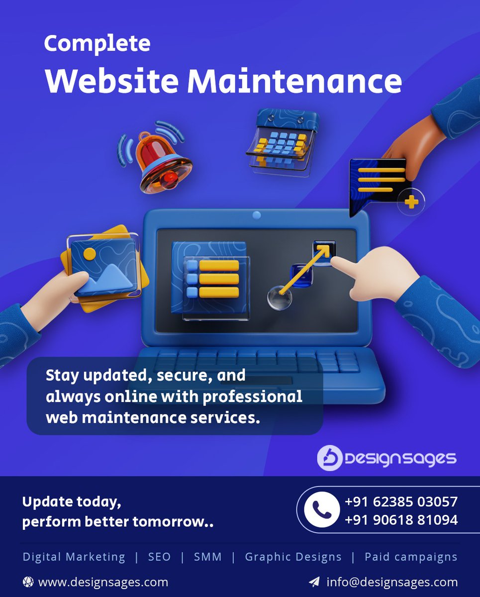 SagesDesign's tweet photo. Complete Website Maintenance💻✨

🌐📈Stay updated, secure, and always online with professional web maintenance services.
Update today, perform better tomorrow🚀🔄

📞 Call: +91 906 188 1094
🌐 Visit: https://t.co/0bbWBzD3Sv

#designsages #websitedevelopment #WebsiteMaintenance https://t.co/WvdJ9cU1Gy