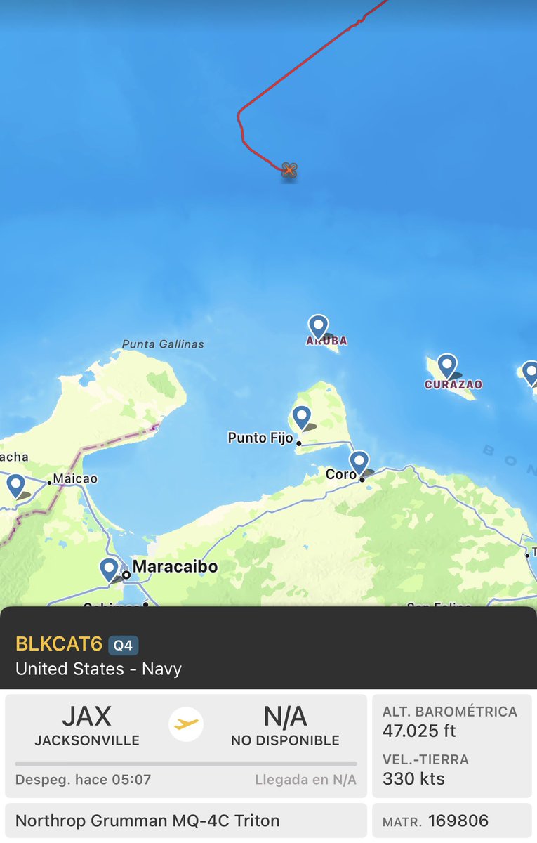 JBSoto1's tweet photo. Un drone de Vigilancia  MQ-4C Triton entrando en territorio cerca a las costas Venezolanas. https://t.co/KZPp0o2mo7