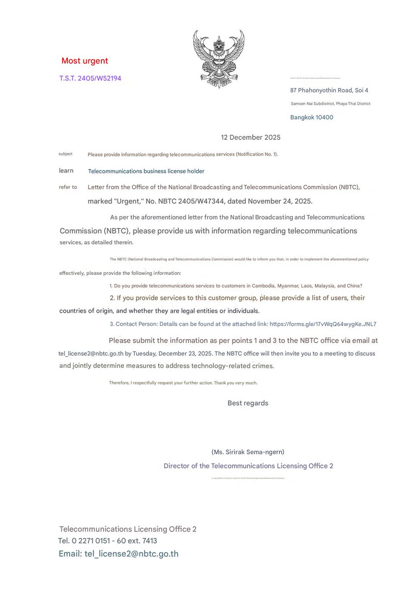 Yozzo's tweet image. 🚨 Thai telecom regulator #NBTC invoking sweeping powers under the Technology Crime Act (Emergency Law) demanding 118 telecom licensees urgently submit data of customers from Cambodia, Myanmar, Laos, Malaysia, China.

#Profiling #PDPA #Cybercrime