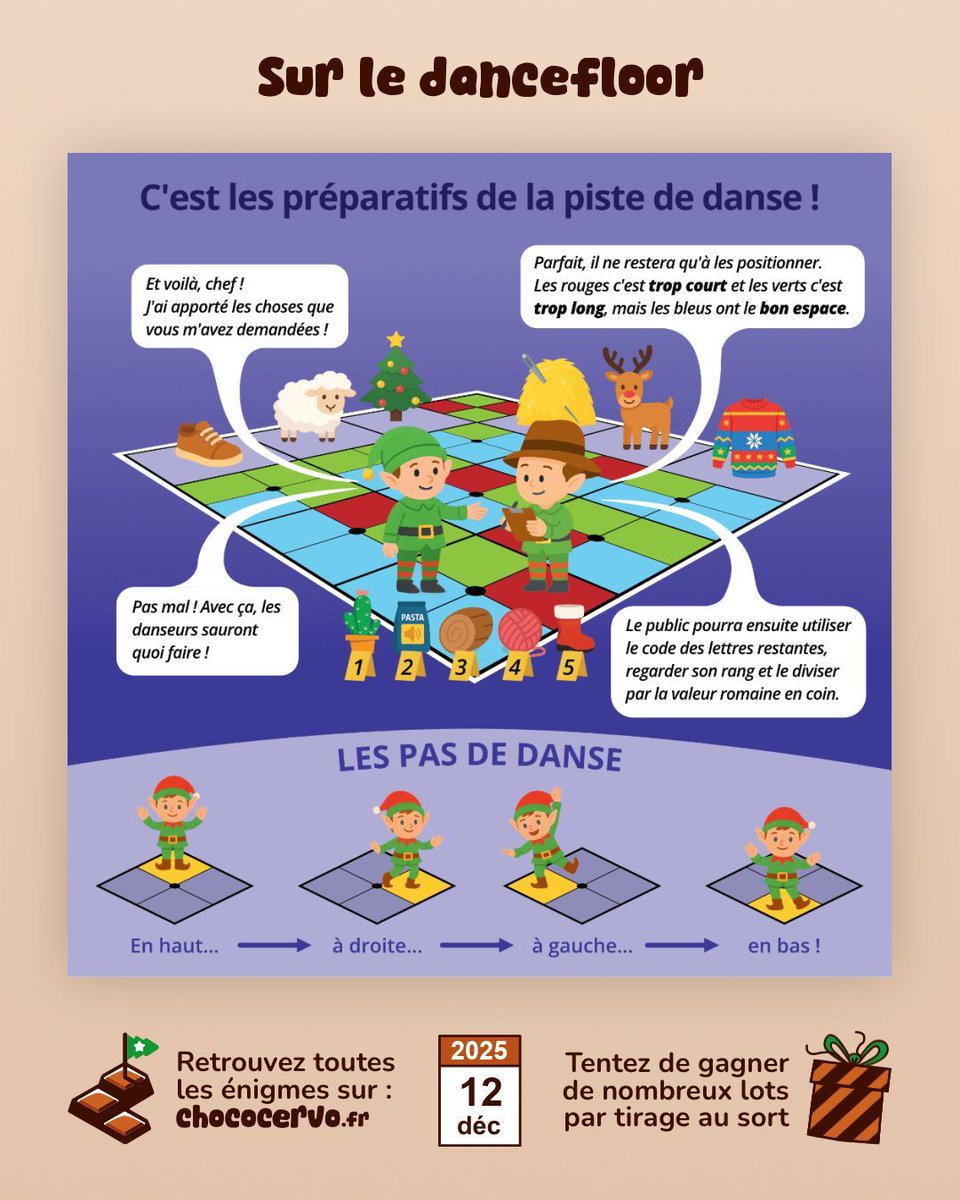ChocoCervo's tweet photo. 🗓️ 12/12 : « Sur le dancefloor » par IndianaJohan
Nouvelle énigme du calendrier ChocoCervo 🍫🧠
RDV sur https://t.co/XbnLyUWhXI pour saisir votre réponse ou obtenir des indices à J+1, J+2 et J+3. ✅⏱️
De nombreux lots à gagner par tirage au sort. 🎁
Bonne résolution ! 💪 https://t.co/cD6qMuetGa