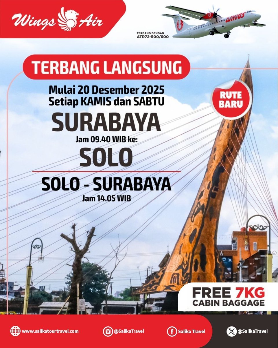 Mulai 20 Dec 2025 - Wings Air membuka rute baru penerbangan langsung dari Surabaya menuju Solo

#SalikaTravel
#FlightInfo
#WingsAir