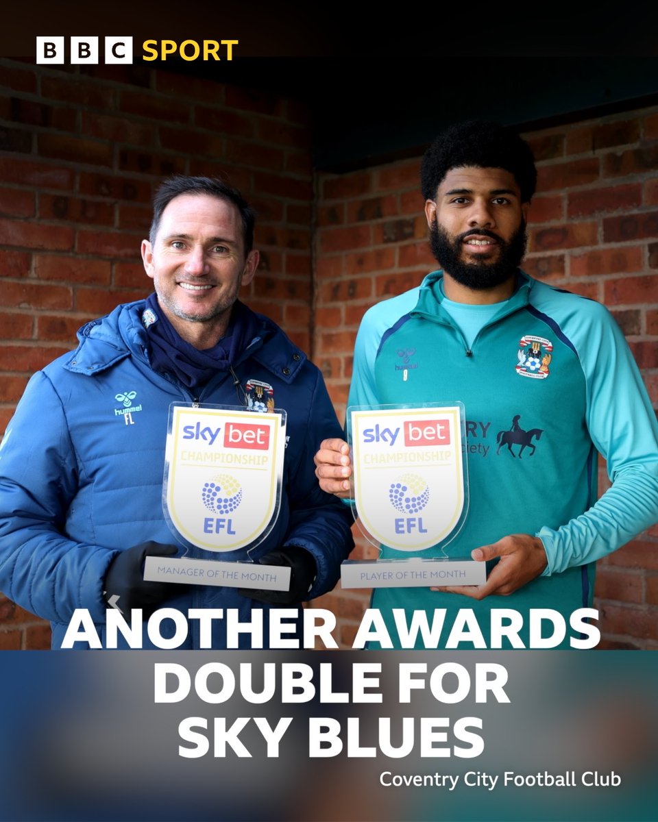 BBCCWRSport's tweet image. Another awards double for @Coventry_City. Frank Lampard and Ellis Simms win EFL Championship Monthly Awards in November.  bbc.in/48MOUHb #pusb