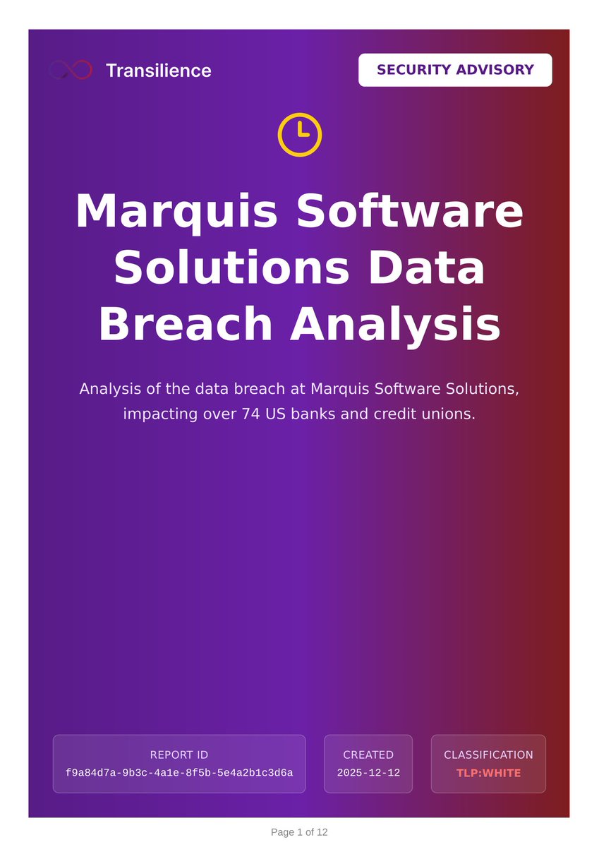 🚨 Marquis Software Solutions Data Breach Analysis
[Critical] Dec 12, 2025

Checkout our Threat Intelligence Platform: threatintel.transilience.cloud
threatintel.transilience.cloud #ThreatIntelligence #CyberSecurity #Innovation #LLM #CyberSecurityWarning