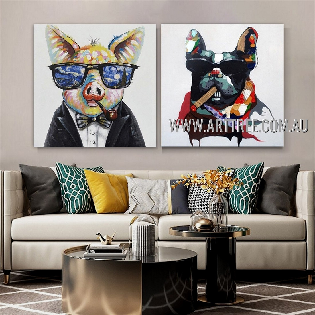 arttreework's tweet image. Gentlemen pig dog, bow tie, black suit, sunglasses, colorful shade scarf, modern heavy texture knife artist handmade 2 piece canvas paintings animal contemporary art, framed artwork for sale sydney.
arttree.com.au/gentlemen-pig-…

#paintings #canvasart #giftideas #wallart #arttree