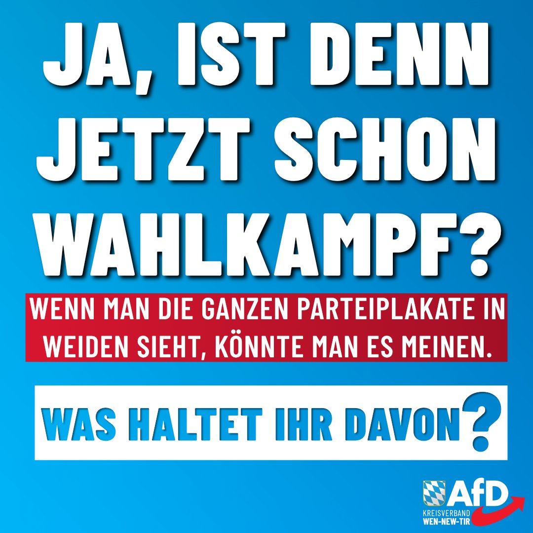 Wenn politische Mitbewerber ihre #Plakate jetzt schon aus dem Winterschlaf zerren, ist das kein Plan – das ist Panik.

Kabelbinder ersetzen keine Präsenz.

Wir sind das ganze Jahr für euch da. Nicht nur kurz vorm #Wahlkampf.

Mehr auf: afd-weiden.de/ja-ist-denn-je…
