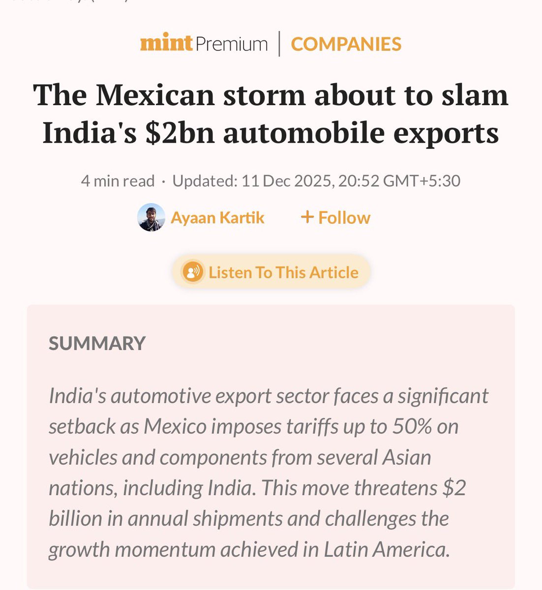 SaketGokhale's tweet image. In yet another foreign policy failure of the Modi Govt, now Mexico has imposed 50% tariffs on vehicles imported from India. 

Mexico alone constitutes $2bn (₹18,000 crores) of India’s auto exports. This is about 7% of our total auto exports. 

Modi takes Indians with him on…