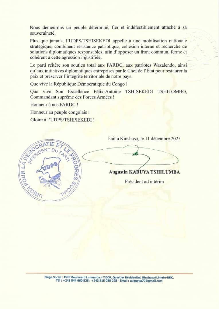 L'UDPS/TSHISEKEDI condamne avec la dernière énergie l'occupation d'Uvira par les forces rwandaises en violation des accords du 4 décembre 2025.Le parti appelle le peuple congolais à la vigilance et à une solidarité totale envers le Chef de l'État.<a href="/fatshi13_/">Félix A. Tshisekedi</a> et les FARDC.