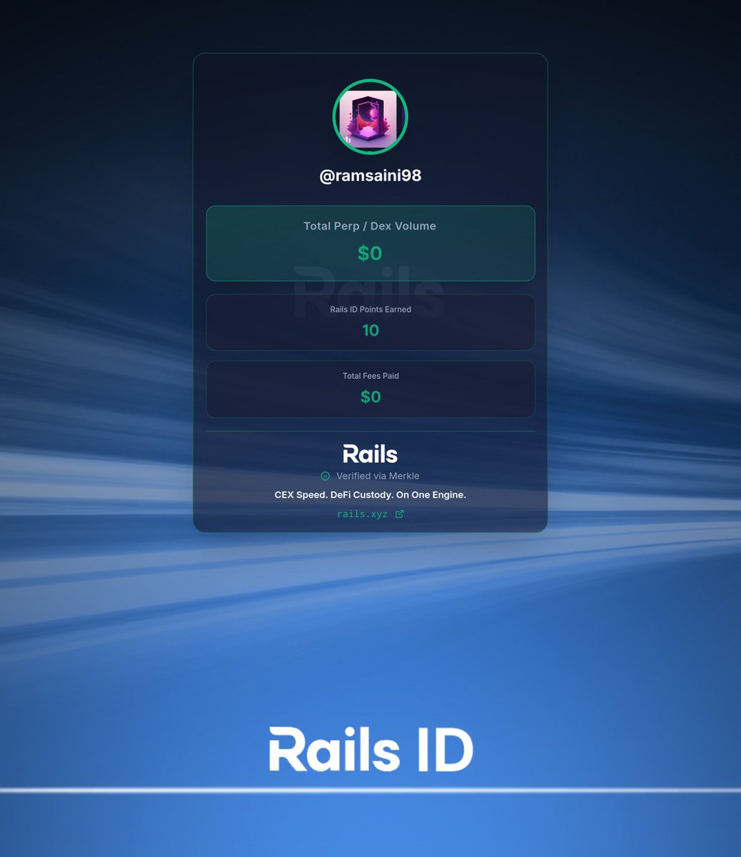 Just generated my Rails ID off $0 of DEX volume.

Grab your ID and plug into Rails Play, the newest product from <a href="/rails_xyz/">Rails</a> designed to teach you how to trade perps, for boosted Points: quest.rails.xyz/onboard?r=rams…