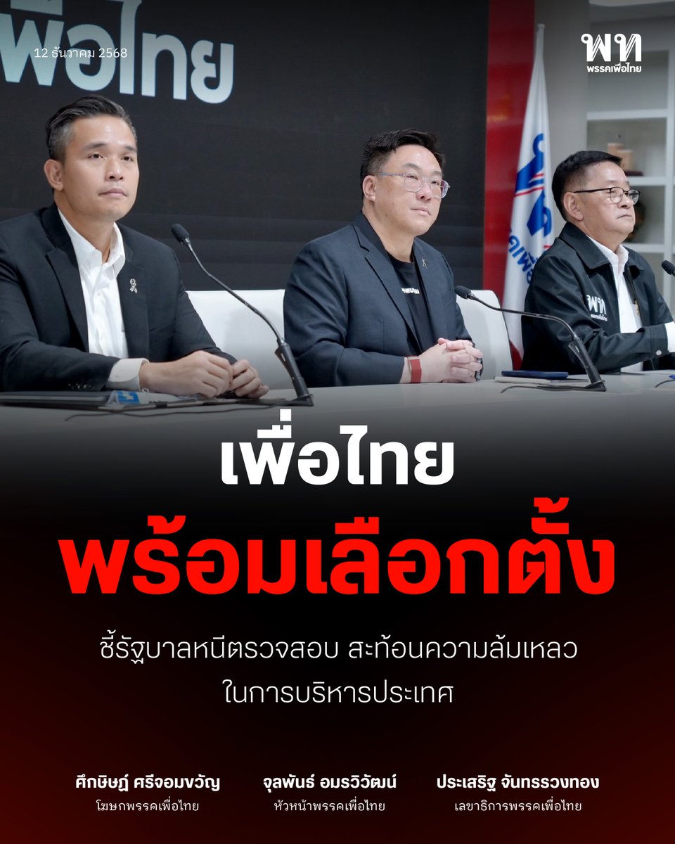 12 ธ.ค. 2568 พรรคเพื่อไทย นำโดย นายจุลพันธ์ อมรวิวัฒน์ หัวหน้าพรรค นายประเสริฐ จันทรรวงทอง เลขาธิการพรรค และ นายศึกษิษฏ์ ศรีจอมขวัญ โฆษกพรรค แถลงจุดยืนหลังรัฐบาลประกาศยุบสภา พร้อมยืนยันว่าพรรคมีความพร้อมเต็มที่ในการเลือกตั้งครั้งใหม่เพื่อ