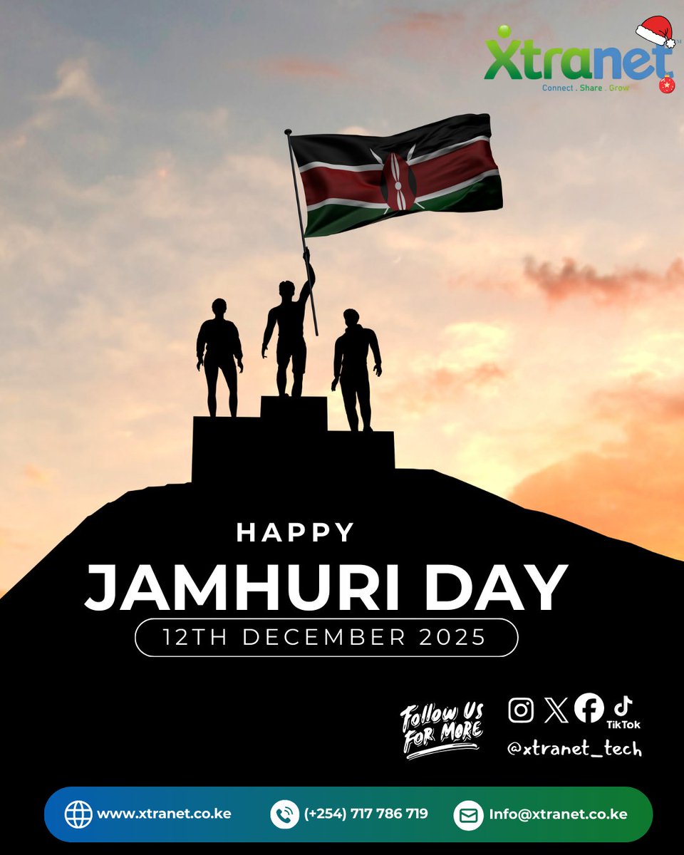 Xtranet_tech's tweet photo. Happy Jamhuri Day, Kenya! 

Today, we celebrate our independence, our resilience, and the spirit that drives us forward.
At Xtranet, we remain committed to powering a more connected, secure, and innovative Kenya now and for the future.

#JamhuriDay #XtranetCommunications https://t.co/bNHzgwCPxY