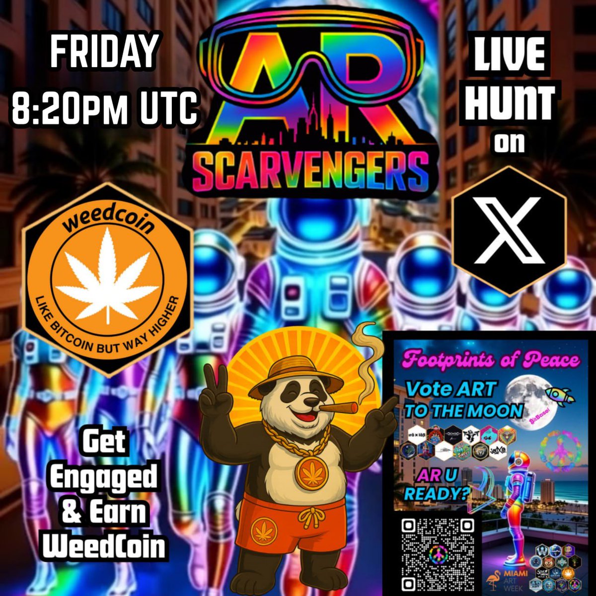 Join us at 8:20 PM UTC this Friday for a Space with @honeycombempire and <a href="/feetsofpeace/">Footprints of Peace</a>, where we'll discuss the scARvengers Hunt flip book.

Learn how to get involved during the Space to earn some $Weedcoin by voting for your favorite artists in the live hunt.

Weedcoin - Like