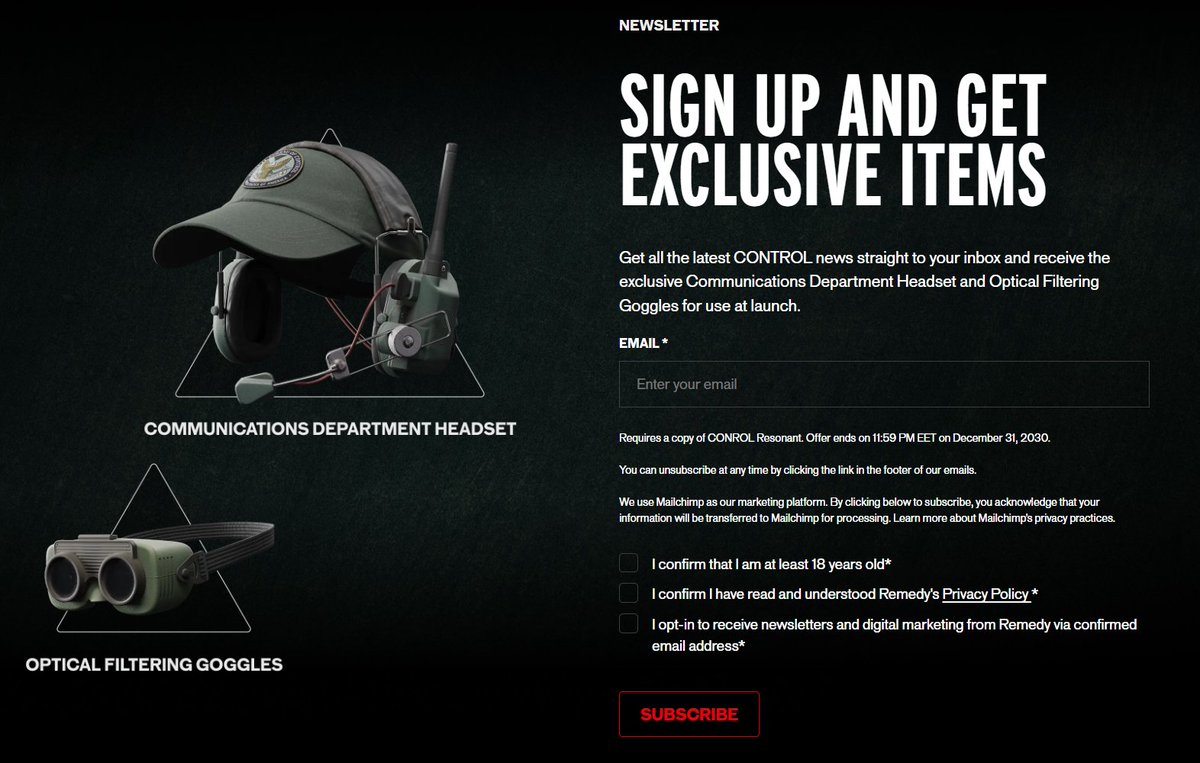 Receive Control Resonant DLC items when signing up for the newsletter controlgame.com