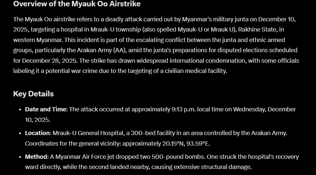 I do not use X usually, however, if something happened in my country, let me share the updated situations. 
Currently, the airstrike in Rakhine State, Western part of Myanmar. That state has cut off internet connection since 2021. The airstrike was targeting the public hospital.
