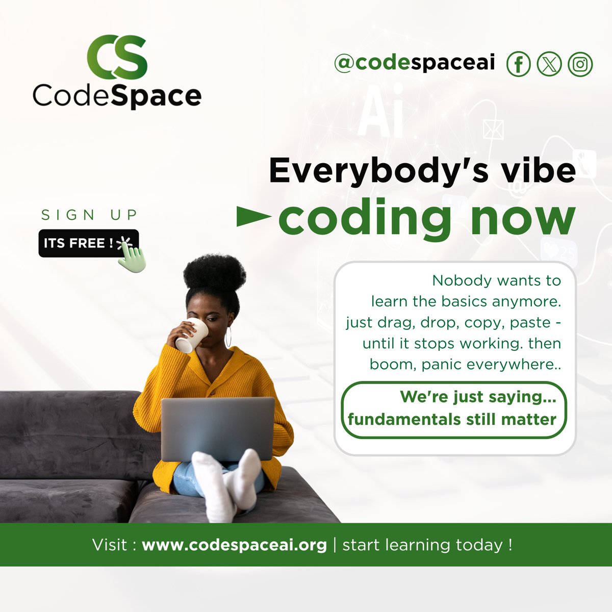 codespaceaizw's tweet photo. AI didn’t replace coding, it exposed who never learned it.

Everyone’s copy-pasting.
Dragging.
Prompting.

Until it breaks
Then panic 😬

At CodeSpace, we teach you the fundamentals that actually make AI powerful, so you’re not stuck when things stop working.

Sign Up For Free! https://t.co/wp3mTPHDhV
