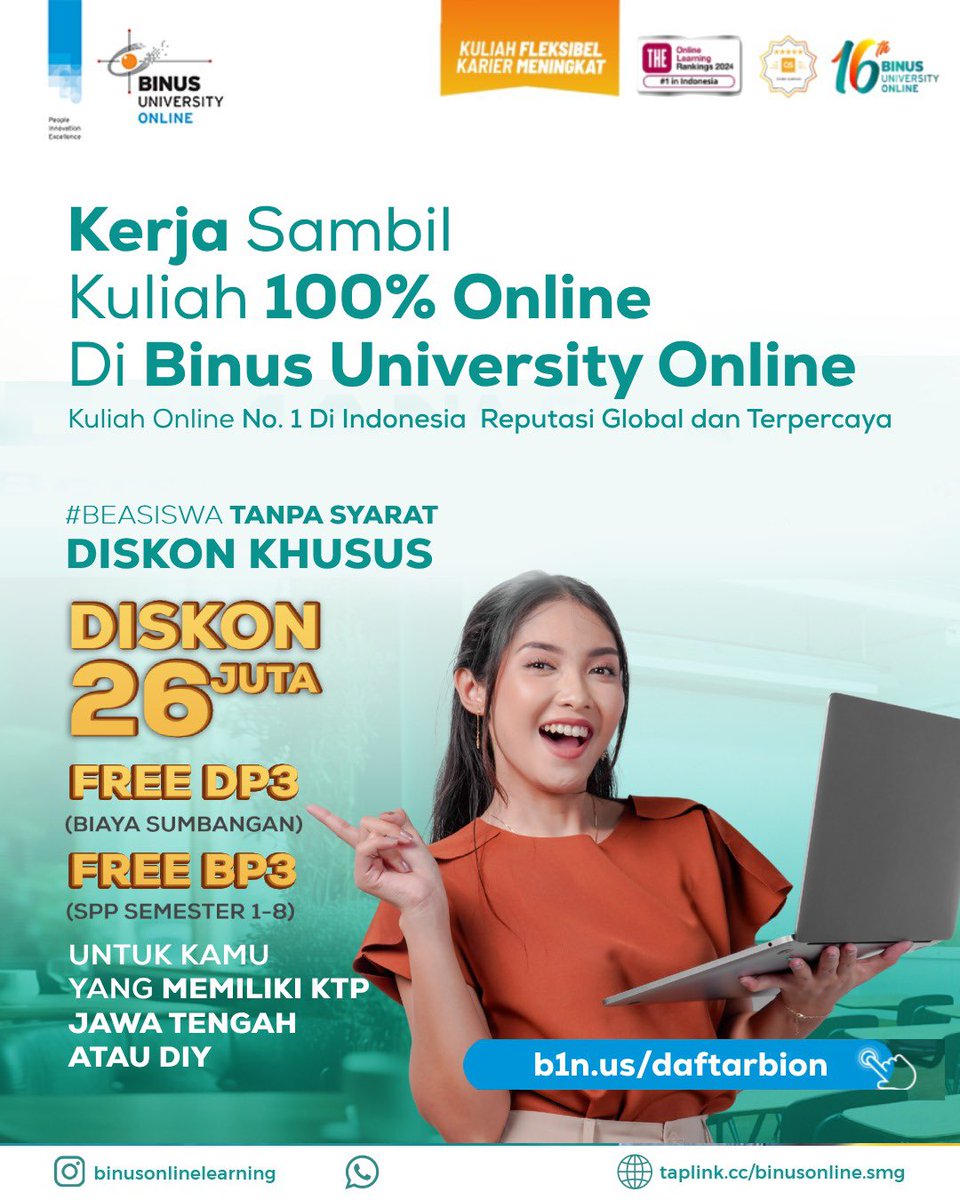 [BINUS ONLINE ONLY] Kabar gembira 🥳
Kuota beasiswa untuk lulusan SMA/K dan D3 kini hadir lagi ya guys! 

yuk langsung daftar atau chat wa wa.me/6282245530400 untuk tutorial pendaftarannya 🥳🥳