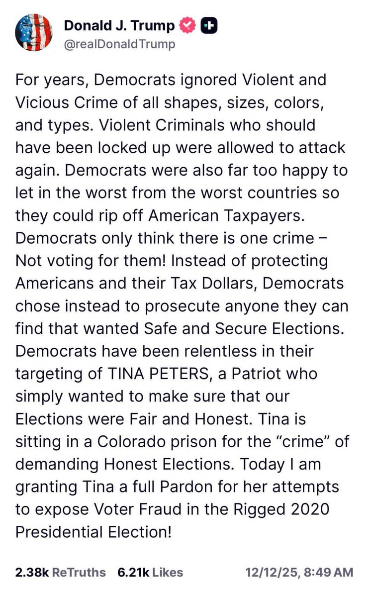 🚨트럼프 대통령! 부정선거 전문가 전격 사면!

민주당은 폭력 범죄를 방치하며 국민 안전보다 정치적 이익을 우선해 왔다. 정직한 선거를 요구한 티나 피터스는 그 결과 정치적 희생양이 되었다. 이번 사면은 부정선거 조사와 공정한 선거 요구가 정당하다는 트럼프의 메시지이다.