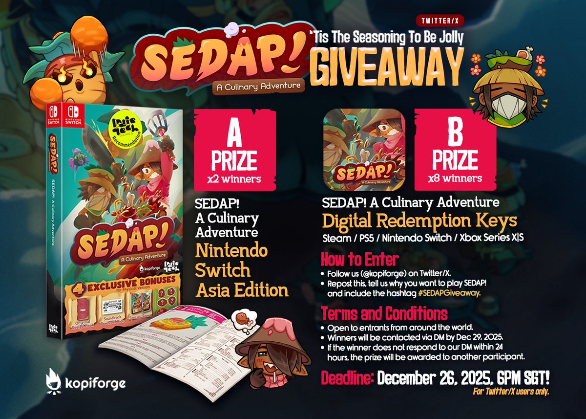 kopiforge's tweet photo. ❄️ 𝗚𝗜𝗩𝗘𝗔𝗪𝗔𝗬 𝗔𝗟𝗘𝗥𝗧 ❄️

#TGIF! WE'RE HAVING OUR FIRST GIVEAWAY!

Here's your chance to get SEDAP!'s exclusive physical Nintendo Switch Asia Edition! 🤯

+ 8 others will be receiving SEDAP! game keys! ✨

✳️ To enter, follow us, repost this, and include #SEDAPGiveaway! https://t.co/2unX81qS97