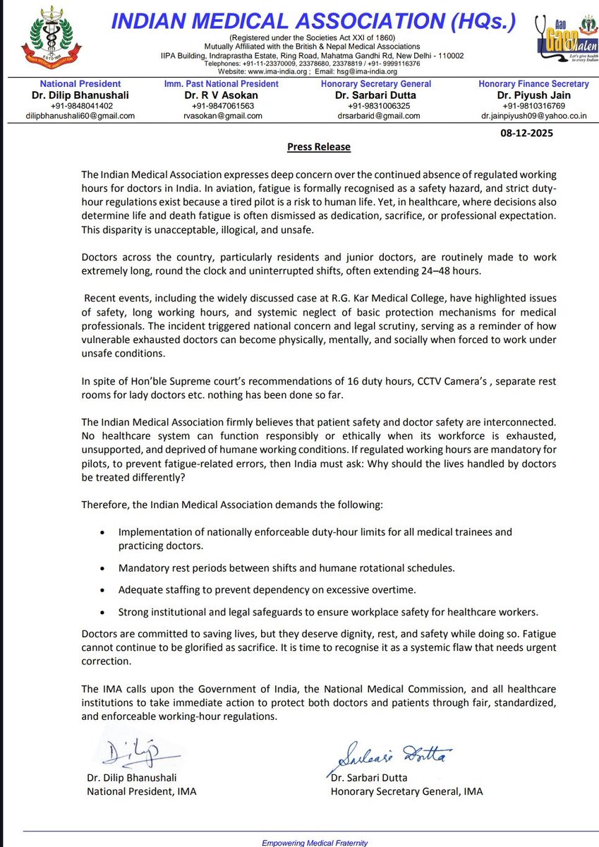 bhatia_nachiket's tweet image. A tired pilot is grounded.
A tired doctor is glorified.
WHY?

IMA has said it clearly: doctors in India are forced into 24–48 hour shifts, without regulated duty hours, rest, or safety — despite Supreme Court recommendations.

Fatigue in aviation = safety hazard.
Fatigue in…