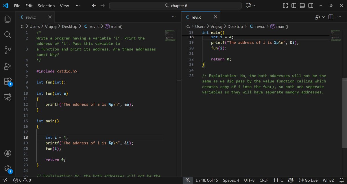 Vrajraj_Rajput's tweet image. Day6 of Learning C:
 
Explored pointers—addresses(&amp;amp;), dereferencing(*), pointer-to-pointer, and call-by-value vs call-by-ref.

Practiced printing addresses, modifying vars via pointers, sum+avg with pointer args, and double-pointer access.

#CProgramming #100DaysOfCode