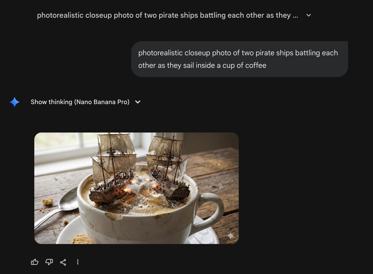 其實我的第一條Prompt 可以簡單了:
> photorealistic closeup photo of two pirate ships battling each other as they sail inside a cup o