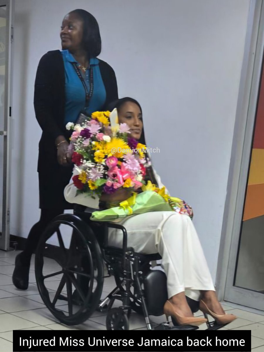 DamionMitch's tweet photo. UPDATE: Miss Universe Jamaica Dr Gabrielle Henry is now admitted to a corporate area hospital under the supervision of a neurologist. She landed at the Norman Manley International Airport in Kingston under medical escort late Thursday evening. Her mother and sister were also aboard the flight from Thailand which connected in the United States. Dr Henry got off the plane in a wheelchair and was later placed on a gurney and wheeled into an ambulance for transportation to the medical facility. 

▫️At the airport, she was greeted by her father;  legal counsel, Marc Ramsay; and Carl Williams and Mark McDermott, co national directors of the Miss Universe Jamaica Organisation.

▫️She reportedly interacted gracefully with those who greeted her in a restricted welcome area.

▫️The beauty queen had been hospitalized in Thailand with serious injuries she received on November 19 when she fell through an opening on the main stage for the formal wear segment of the Miss Universe preliminary round competition. 

▫️The fall caused bleeding inside the head, loss of consciousness, a fracture, facial cuts and other significant injuries. 

▫️Dr Henry still requires 24-hour specialist supervision.

▫️She had a full medical escort on the flight from Bangkok, paid for by the Miss Universe Organization.