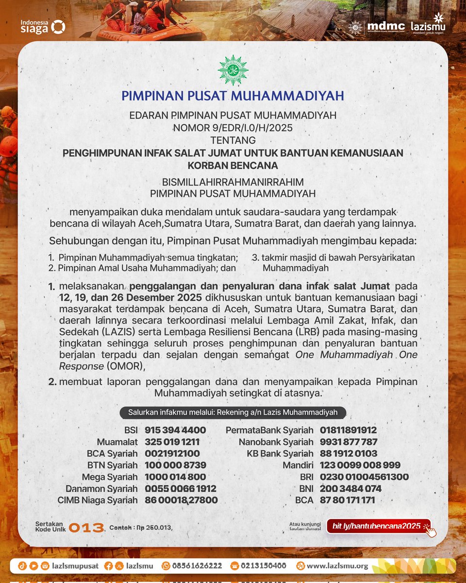 Pengumpulan Infak Jumat untuk Korban Bencana 🚧

Pimpinan Pusat Muhammadiyah menyampaikan duka mendalam untuk saudara-saudara kita yang terdampak bencana di wilayah Aceh, Sumatra Utara, Sumatra Barat, dan daerah lainnya.

Sehubungan dengan itu, diimbau kepada seluruh Pimpinan