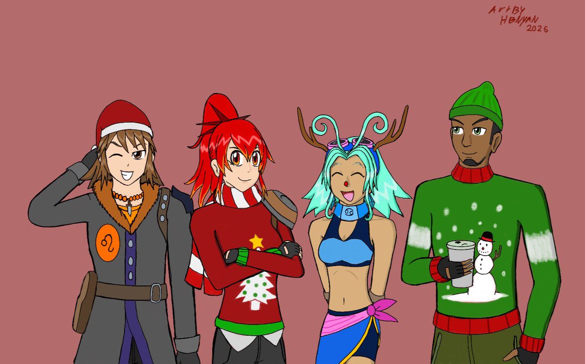 bumpernyan's tweet photo. Happy Holidays for the horoscope members. With Amberlynn ♈️ Alex ♌️ Khloe ♋️ and Jaylen ♉️
#OC #Zodiac #illustration #Christmas #cooloc #sketchbook #digitalart https://t.co/2u1dQIb5dL
